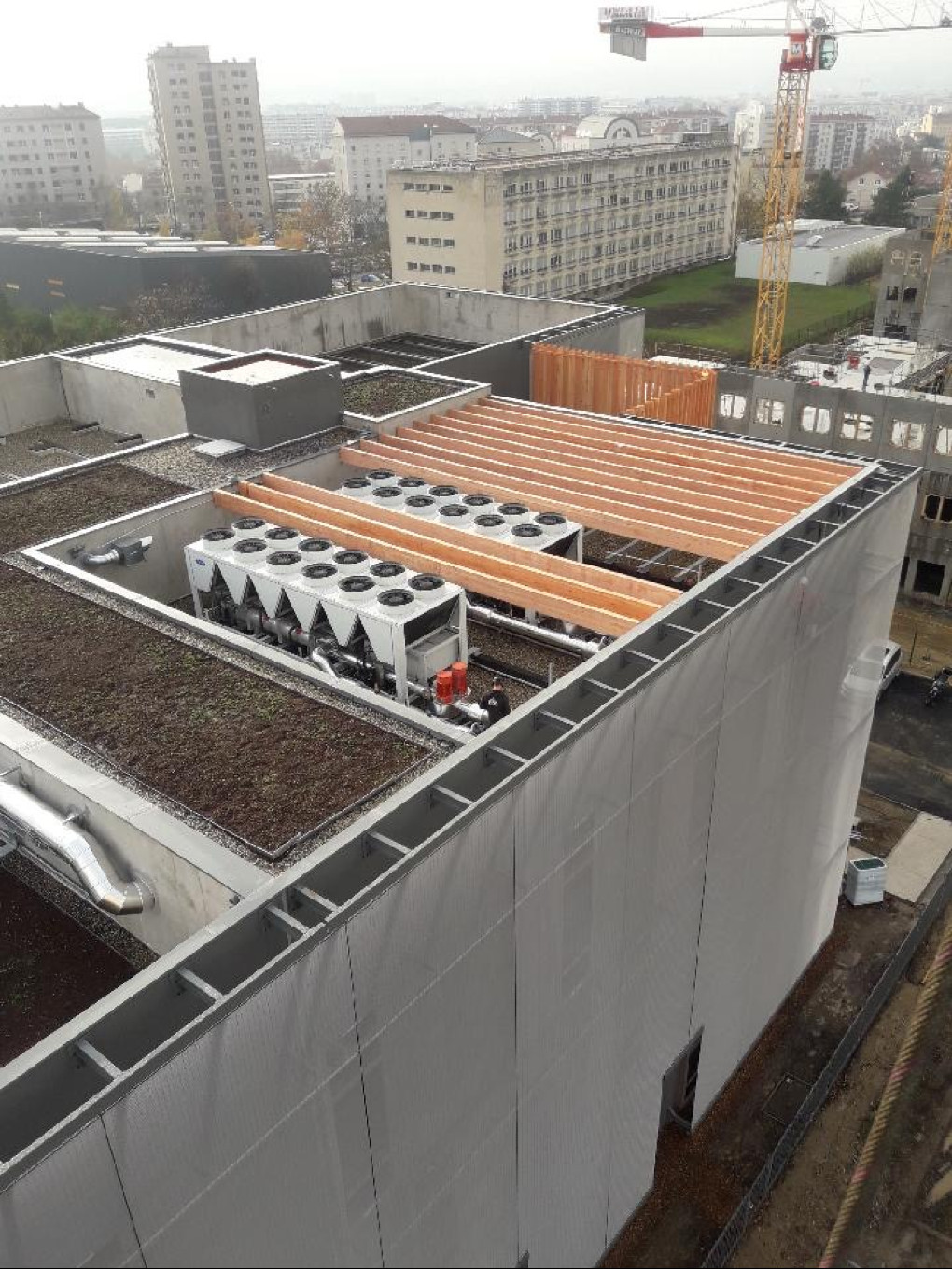 Levage d'un brise vue en bois lamellé-collé douglas